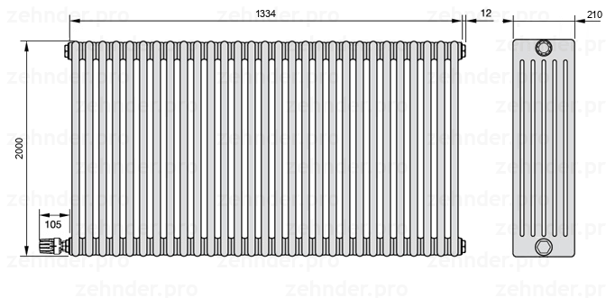 Схема (чертеж) Радиатор Zehnder Charleston 6200/29 №V003 Белый глянцевый RAL 9016